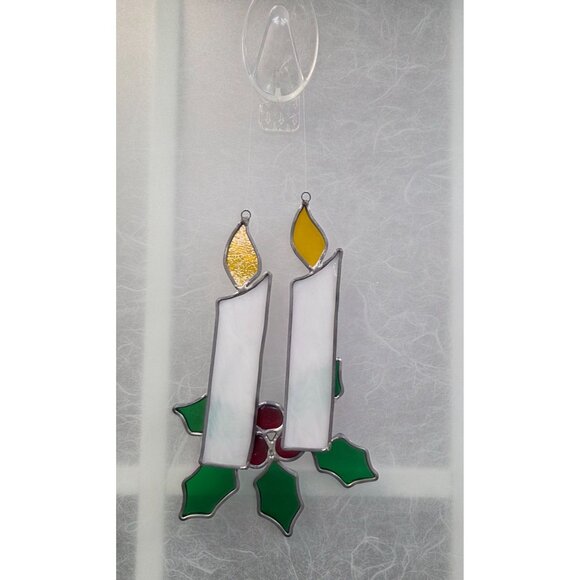 Stained Glass Candle Ornament With Holly & Berries Decoration Sun Catcher - Picture 3 of 4
